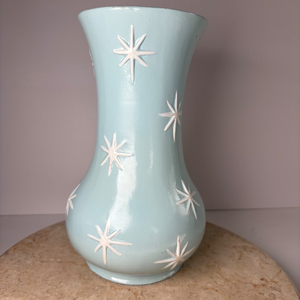 VTG Ceramic Vase 9.5in Blue Mid Century Modern Raised Atomic Starburst Hourglass